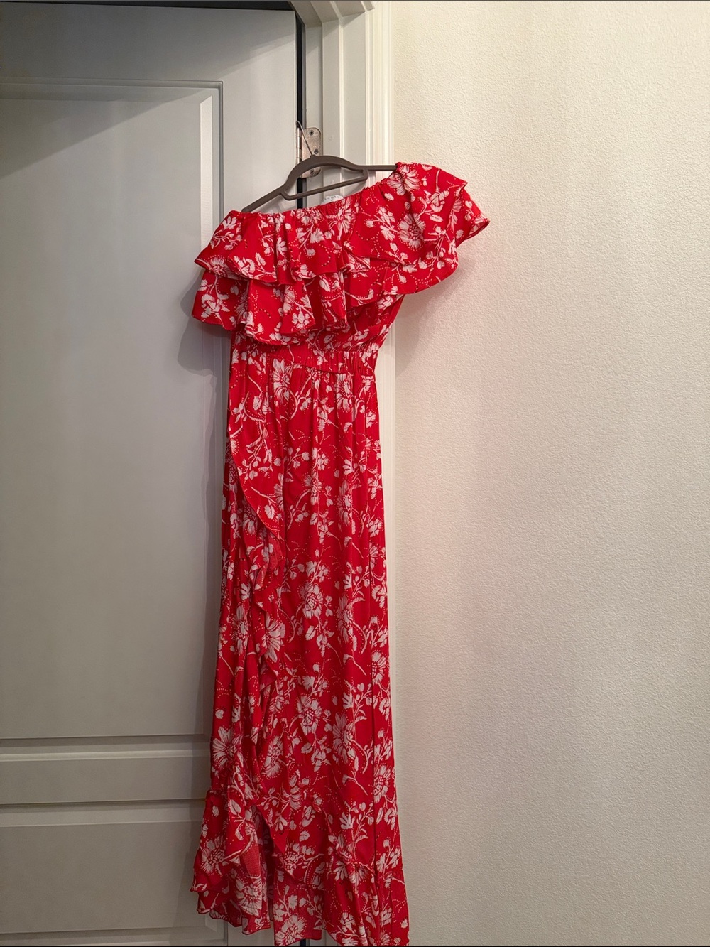 One-Shoulder Red Floral Maxi Dress with Ruffle Detail